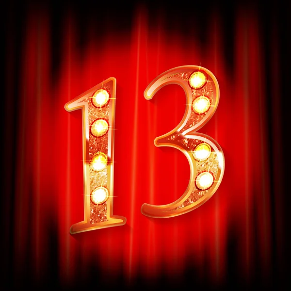 Kırmızı bir perdenin arkasında 13 altın numara var. Tebrik kartı şablonu. Vektör illüstrasyonu