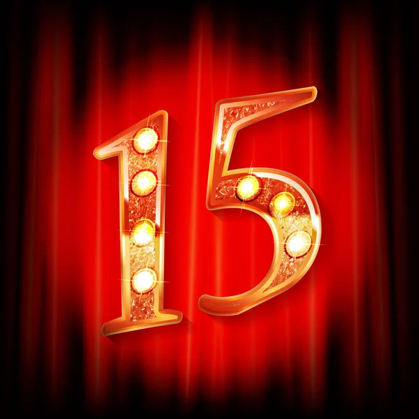 Kırmızı perdenin arkasında 15 altın numara var. Tebrik kartı şablonu. Vektör illüstrasyonu
