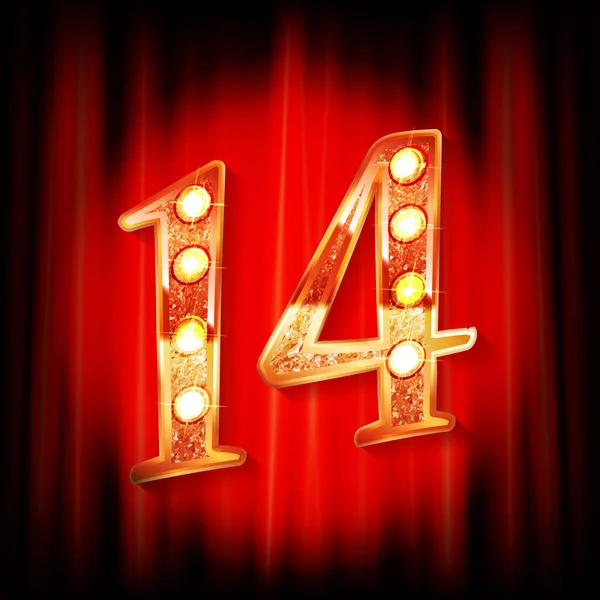 Kırmızı perdenin arkasında 14 altın numara var. Tebrik kartı şablonu. Vektör illüstrasyonu