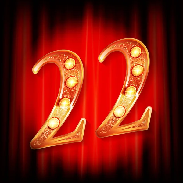 Kırmızı bir perdenin arkasında 22 altın numara var. Tebrik kartı şablonu. Vektör illüstrasyonu