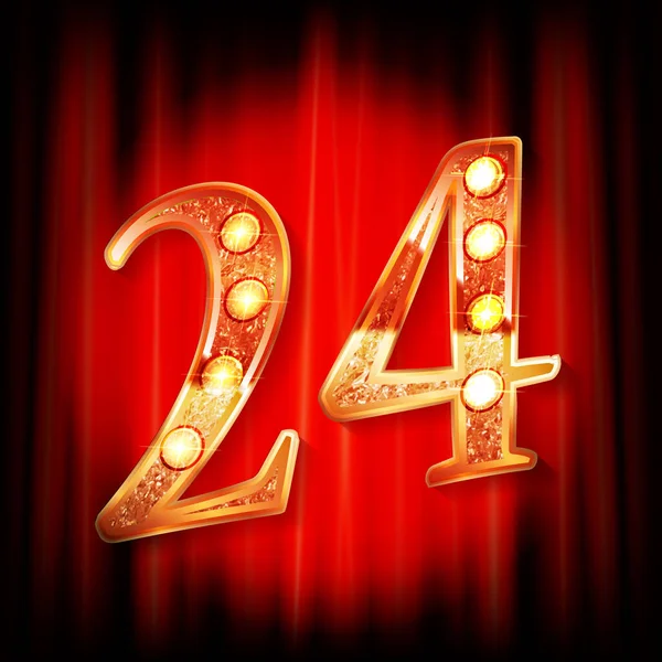 Kırmızı perdenin arkasında 24 altın numara var. Tebrik kartı şablonu. Vektör illüstrasyonu