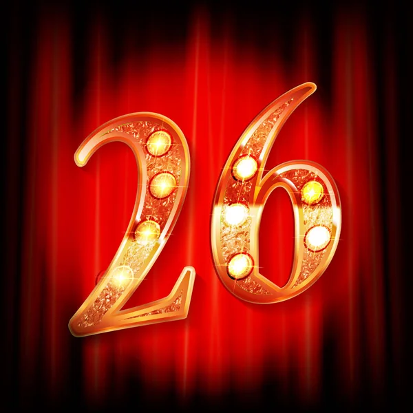Kırmızı bir perdenin arkasında 26 altın numara var. Tebrik kartı şablonu. Vektör illüstrasyonu