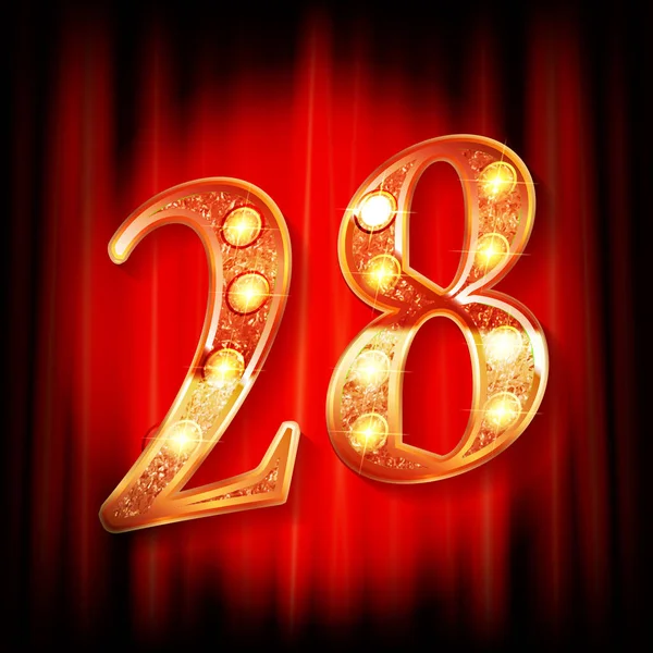 Kırmızı bir perdenin arkasında 28 numara altın. Tebrik kartı şablonu. Vektör illüstrasyonu