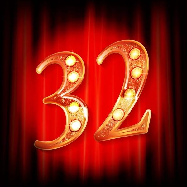 Kırmızı perdenin arkasında 32 altın numara var. Tebrik kartı şablonu. Vektör illüstrasyonu