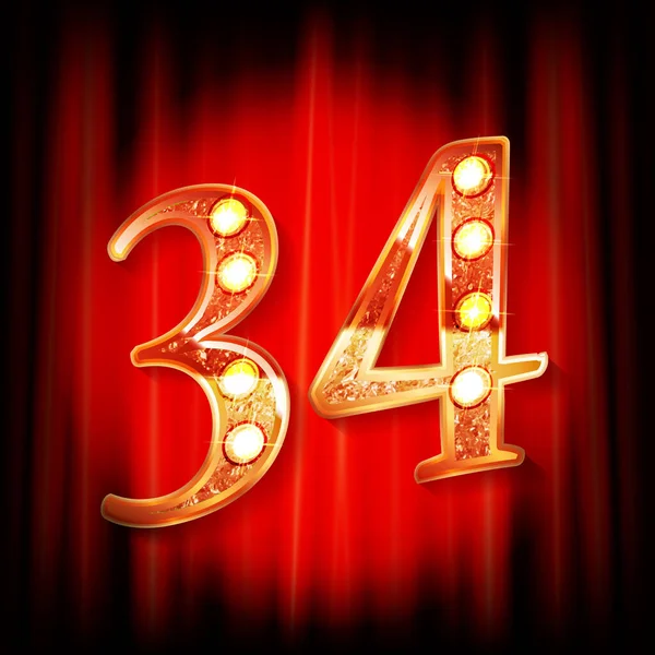 Kırmızı perdenin arkasında 34 numara altın var. Tebrik kartı şablonu. Vektör illüstrasyonu