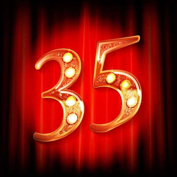 Kırmızı perdenin arkasında 35 numara altın var. Tebrik kartı şablonu. Vektör illüstrasyonu