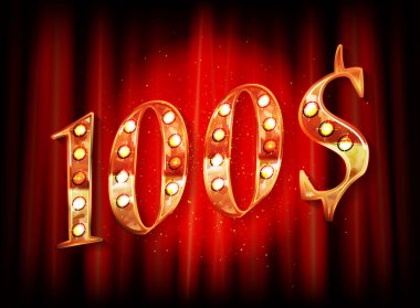 100 dolarlık fiyat sembolü. Kırmızı bir perdenin arka planında altın bir metin numarası var. Vektör illüstrasyonu