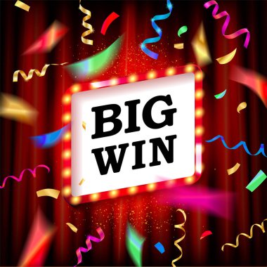 Büyük ikramiye. Renkli altın konfeti arkaplanı üzerinden metin kazanırsın, Vektör illüstrasyonu