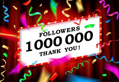 1 milyon ya da 1 milyon takipçi teşekkür eder. Altın balonlar, renkli konfetiler, parıltılar. Sosyal Ağ Arkadaşları, Müritleri, Web Kullanıcısı için 3D İllüstrasyon Üyeleri, takipçileri ve beğenileri için teşekkürler.