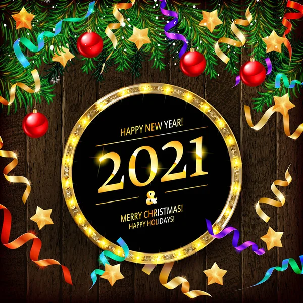 Gouden Nummers 2021 Een Houten Achtergrond Met Kerstversieringen Groene Takken — Stockvector