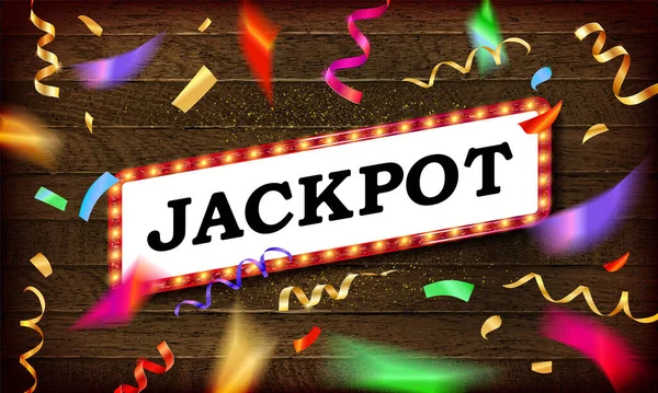 Jackpot Banner Auf Einem Hölzernen Hintergrund Farbiges Konfetti Fliegt Umher — Stockvektor