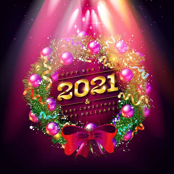 Veselé Vánoce Šťastný Nový Rok2021 Pozdrav Vánočním Věncem Ozářeným Jasnými — Stockový vektor
