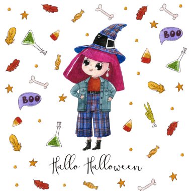 Watercolor illustration of halloween fashion witch wear in jeans jacket and check  culottes on white background with halloween elements. Happy Halloween postcard. clipart