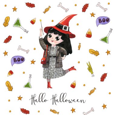 Halloween moda cadı suluboya çizimi giyim elbise ve Cadılar Bayramı elemanları ile beyaz arka planda gri ceket. Mutlu Cadılar Bayramı kartpostal.