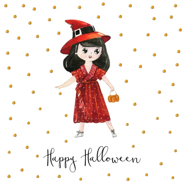 Watercolor illustration of halloween fashion witch wear in red dress and hat on white background with stars. Happy Halloween postcard.