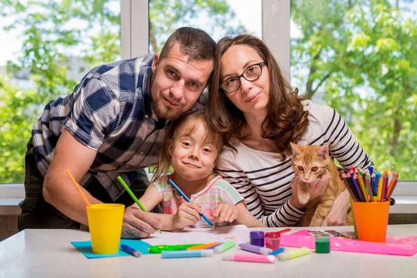 Mom Dad Help Little Girl Homework School Happy Family — Stock Photo, Image