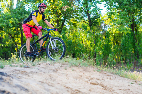 The concept of an active lifestyle, the enduro cyclist descending from the top on a mountain bike, a bright summer photo. Professional cyclist, mtb.