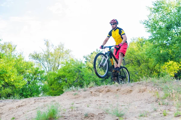 Concept Active Lifestyle Enduro Cyclist Descending Top Mountain Bike Bright — Stock Photo, Image