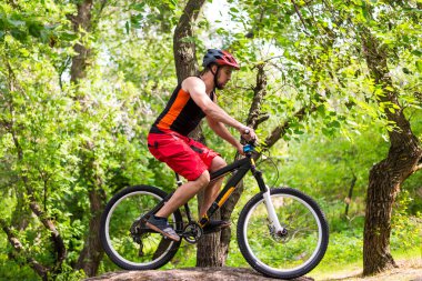 Aktif bir yaşam tarzı kayalar sürme bir bisikletçi kavramı. Bisikletçi bir boş alan bir güzel yaz ormandaki bir dağ bisikleti binme.