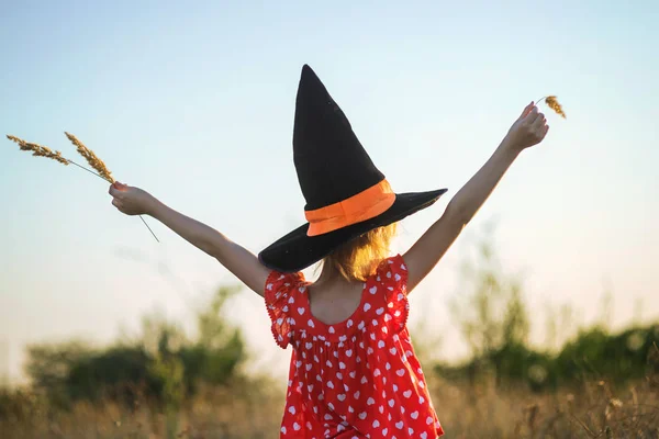 Çocuk Cadı Şapka Açık Havada Dikiz Kartpostal Sonbahar Tatil Cadılar — Stok fotoğraf