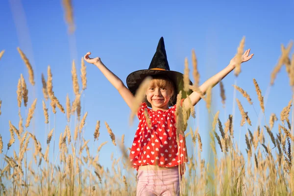 Child in witch hat outdoors, postcard for the autumn holiday Halloween. Little girl in a witch costume, fabulous background.