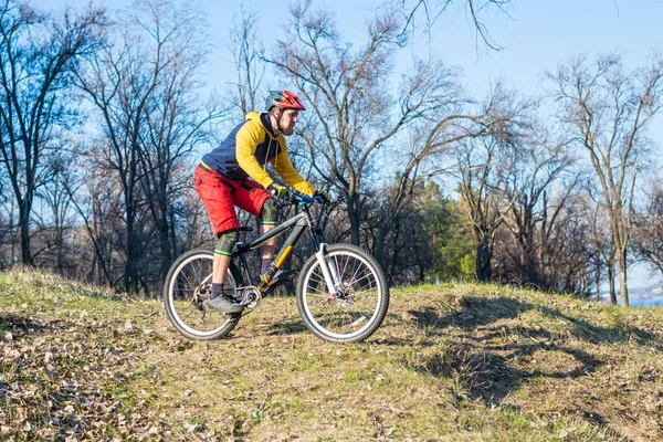 Professionell cyklist i en gul tröja och röd shertakh kör nedför en kulle, ledigt utrymme. Aktiv livsstil. — Stockfoto