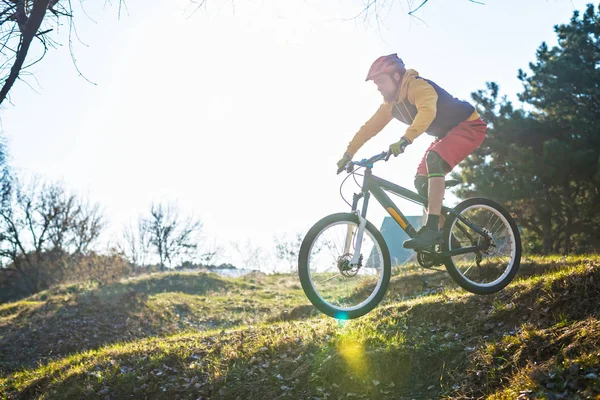 Professional cyclist driving down the hill, free space. Active lifestyle.