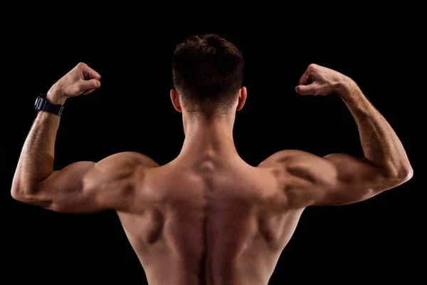 Homme Musculaire Flexion Biceps Vue Arrière Isolée Sur Fond Noir — Photo