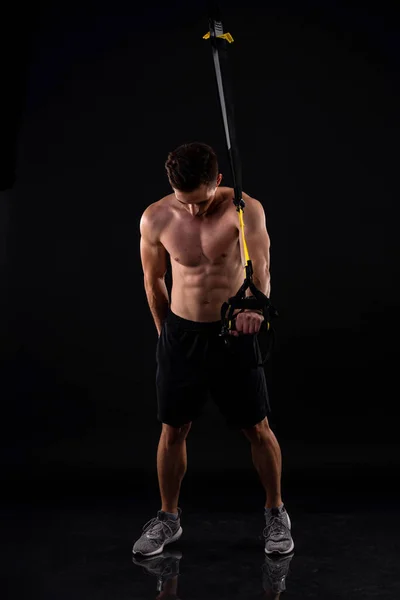 Athletic Muscular Man Doing Exercises Trx Loops Body Building Active — Stock Photo, Image