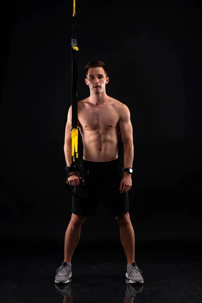 Athletic Muscular Man Doing Exercises Trx Loops Body Building Active — Stock Photo, Image