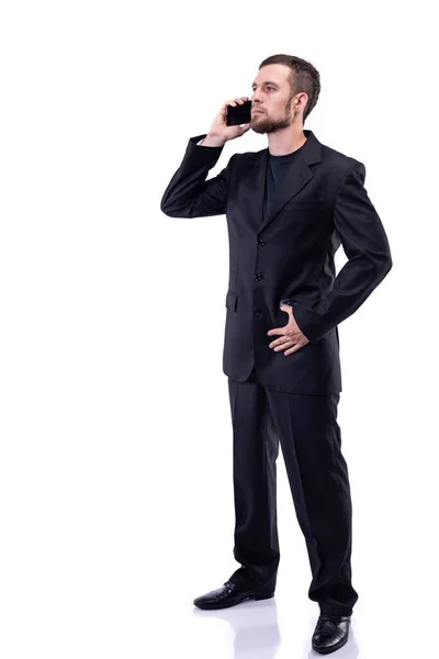 Bearded Man Business Suit Talking Phone White Background Business Style — Stock Photo, Image