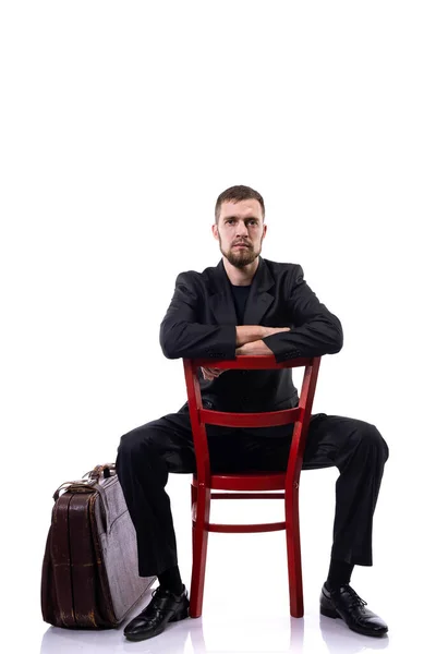 Bearded Business Man Sits Chair White Background Business Style — Stock Photo, Image
