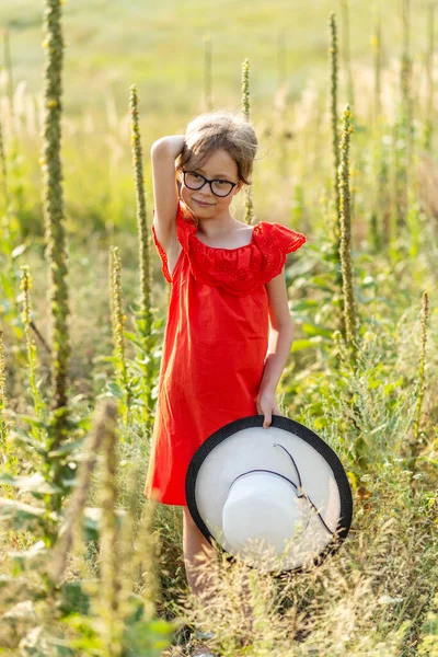 Egy Piros Ruhás Fehér Kalapos Lány Pózol Mezőn Boldog Gyerekkort — Stock Fotó