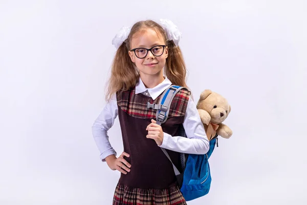 Little Girl School Uniform Backpack Her Back School Concept — Stock Photo, Image