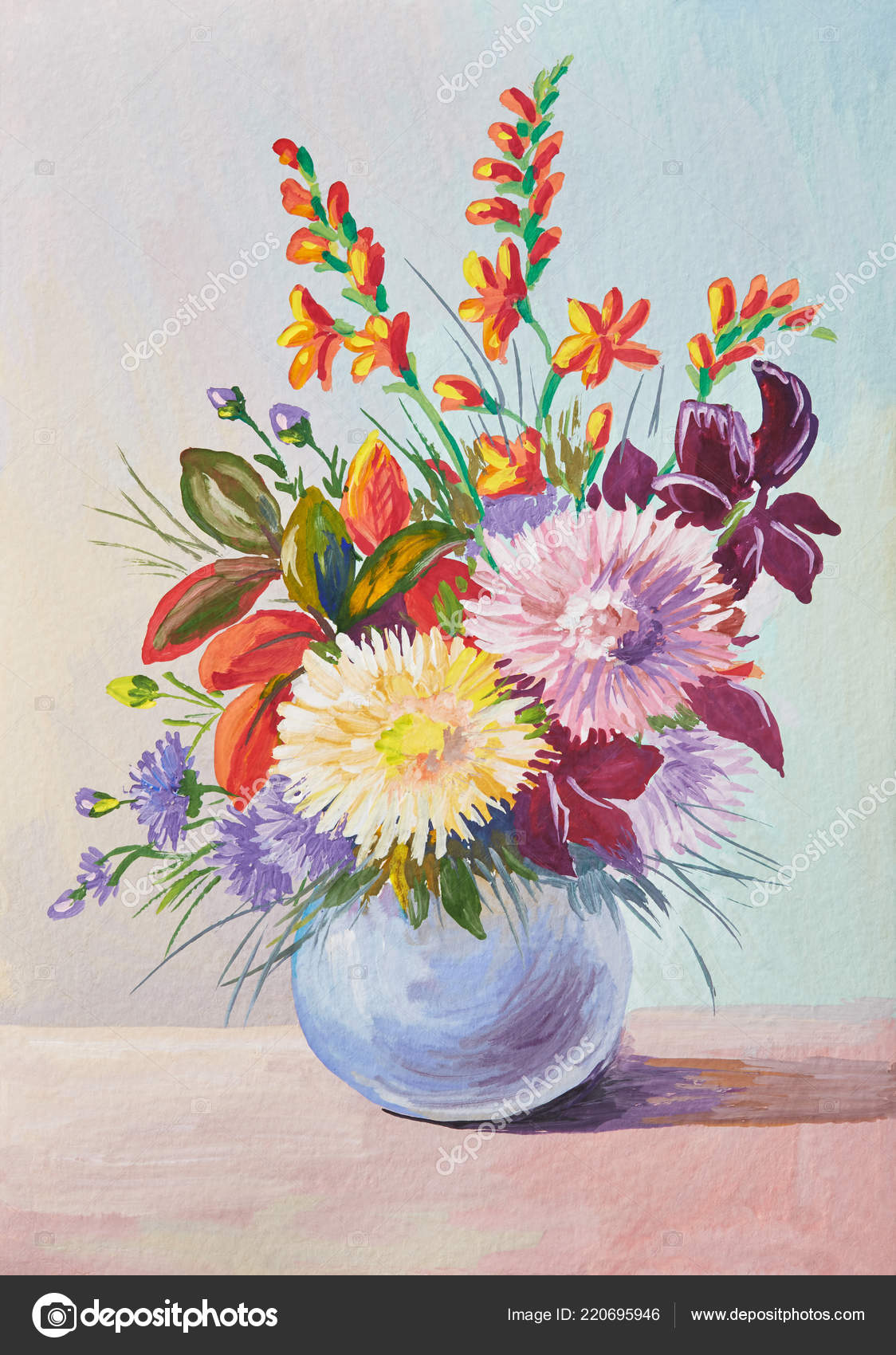 Oil Painting Still Life Asters White Background Flowers Vase Stock ...