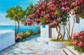 Картина, постер, плакат, фотообои "oil painting - house near the sea, colorful flowers and trees, summer seascape", артикул 220695598