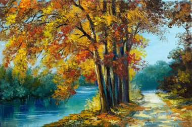 Yağlı boya manzara - sonbahar orman yakınındaki nehrin turuncu yaprak, sanat eseri