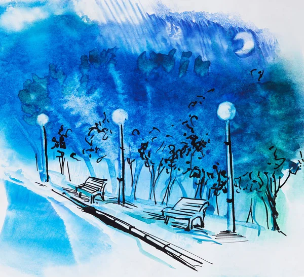 Avond straat in het park, aquarel op papier — Stockfoto