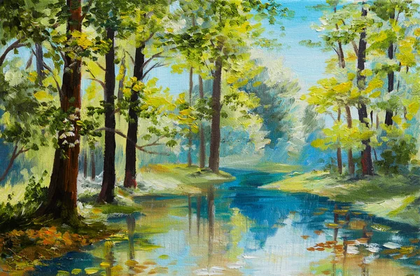 Пейзаж живописи маслом - река в лесу, летний день — стоковое фото