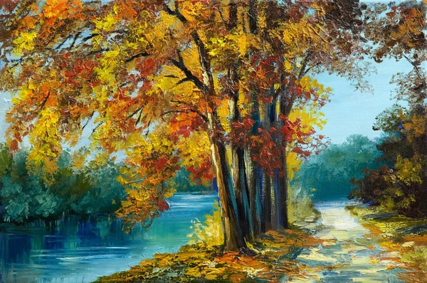 Oil painting landscape - autumn forest near the river, orange leaves, art work — Stock Photo, Image