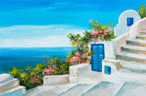 Pintura Óleo Casa Perto Mar Flores Coloridas Paisagem Marinha Verão — Fotografia de Stock