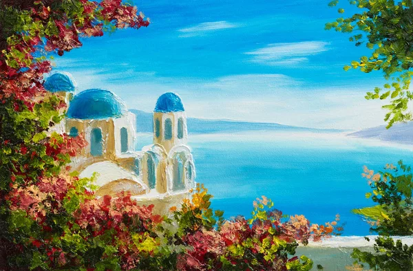 Oil Painting House Sea Colorful Flowers Summer Seascape — Stock Photo, Image