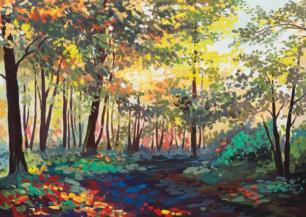 colorful forest with trees in spring at sunset, oil painting