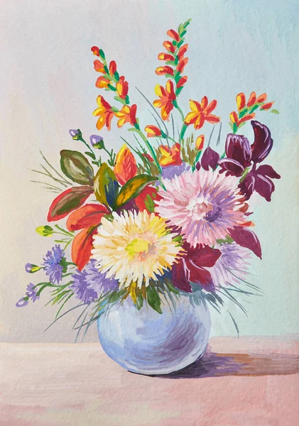 Oil painting, still life with asters on white background. Flowers in vase