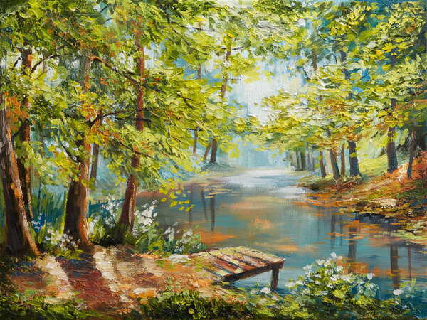 Oil painting landscape - autumn forest near the river, orange leaves Royalty Free Stock Images