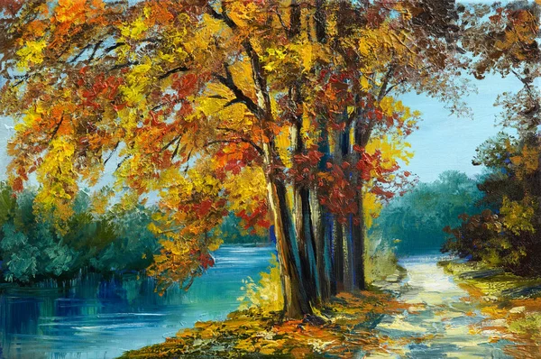 Oljemålning landskap - hösten skogen nära floden, orange blad, konstverk Royaltyfria Stockbilder