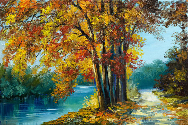 Oil painting landscape - autumn forest near the river, orange leaves, art work Royalty Free Stock Photos