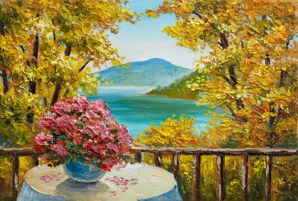 Пейзаж Живописи Маслом Красочный Осенний Лес Горное Озеро Цветы Стоковое Фото