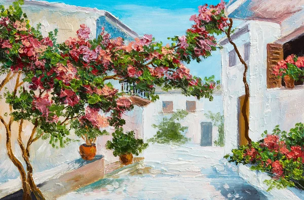 Olieverf Schilderij Huis Buurt Van Zee Kleurrijke Bloemen Bomen Zomer Stockafbeelding