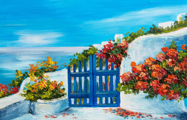 Oil painting - house near the sea, colorful flowers, summer seascape Royalty Free Stock Photos